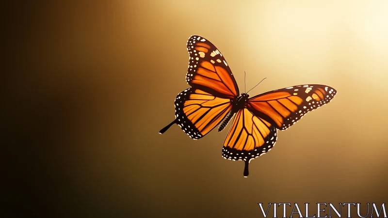 Monarch butterfly in midair against uniform warm background.