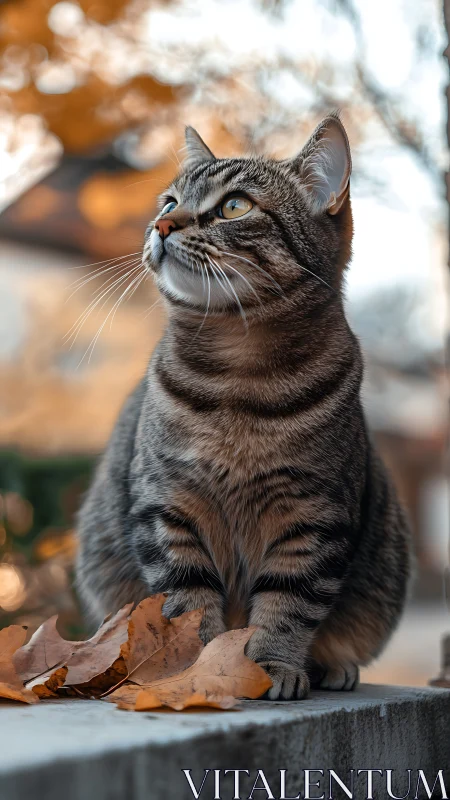 Thoughtful Tabby Cat Gazing Upward in Autumn
