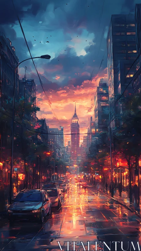 Spectral dusk boulevard with reflective rain-slicked roadway.