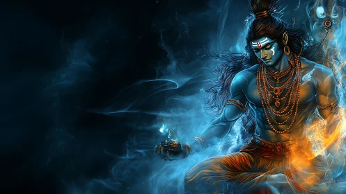 Blue-skinned figure in swirling blue and orange energy field.