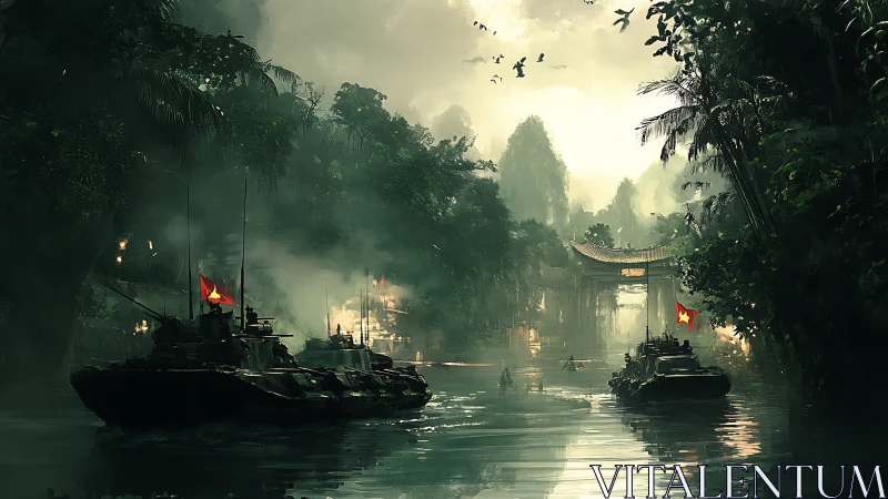 River tanks glide through jade jungle toward misty gate