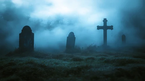 Fog-shrouded graveyard silhouettes rise under cold blue light