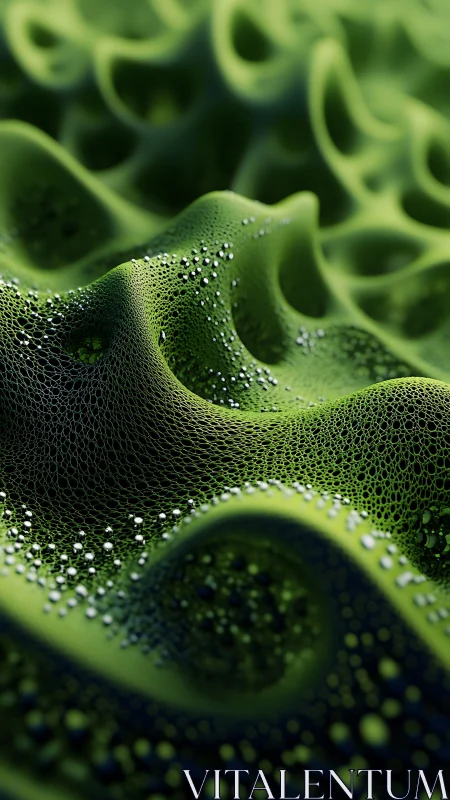 Green cellular landscape with dew-like spherical droplets.