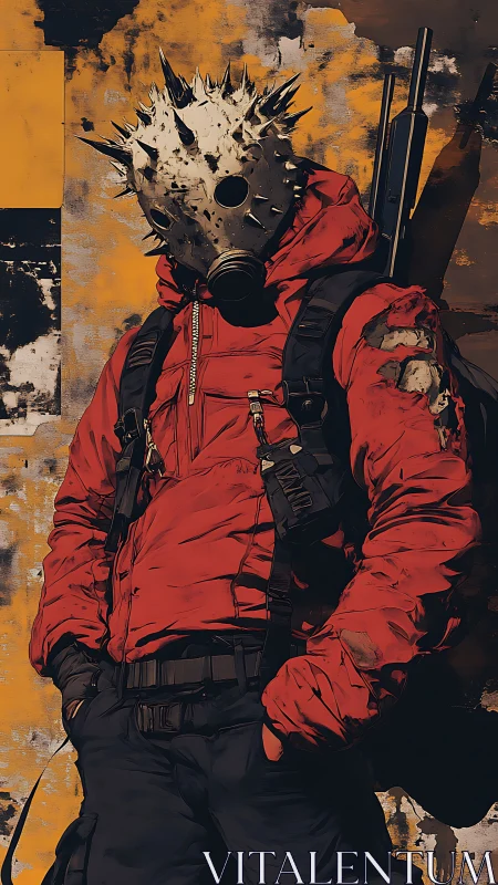 Spiked gas mask survivor rests against distressed urban wall