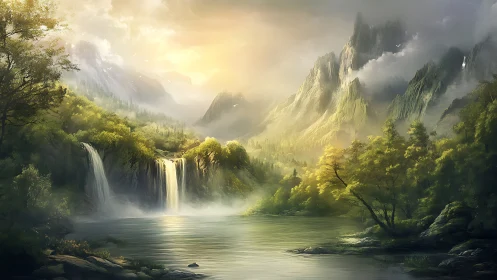 Sunlit mountain waterfalls pour gently into a misty lake