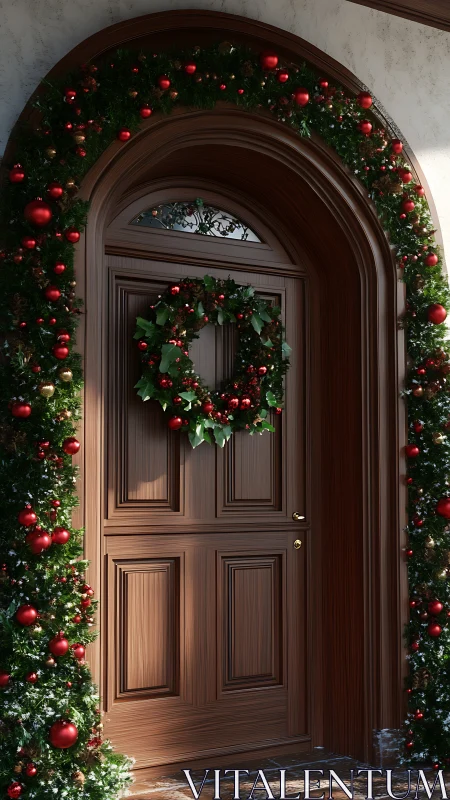 Wooden arched entry door is decorated with seasonal garlands