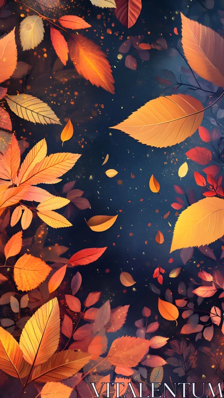 Glowing autumn leaves drifting gently across a twilight sky.