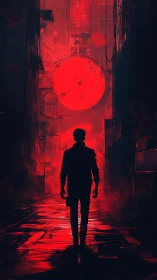 Backlit silhouette in neon red industrial alleyway corridor.