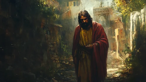 Wandering prophet in ember-lit ruins of a forgotten city.