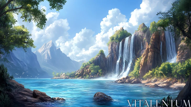 Tropical Waterfall Cascading Into Turquoise River Basin