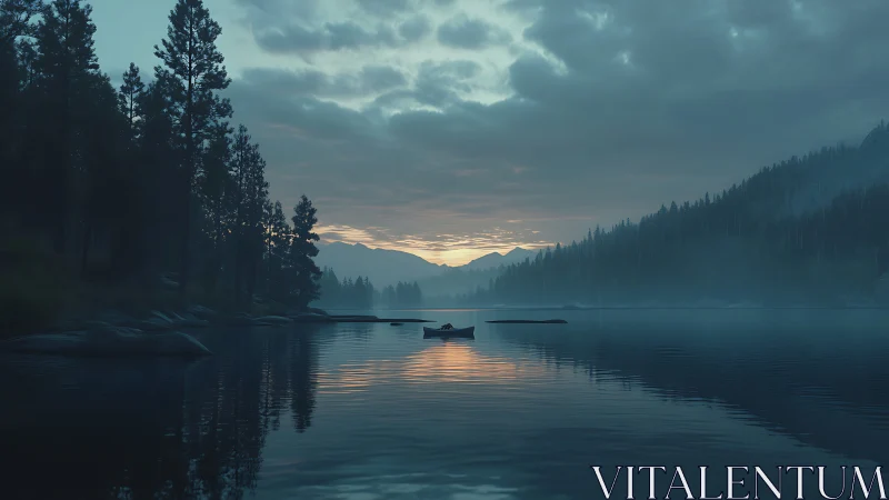 Mountain lake at dusk with silhouetted pine shoreline.