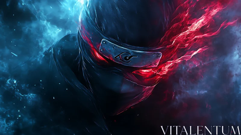 Masked shinobi portrait in blue and red elemental flames.