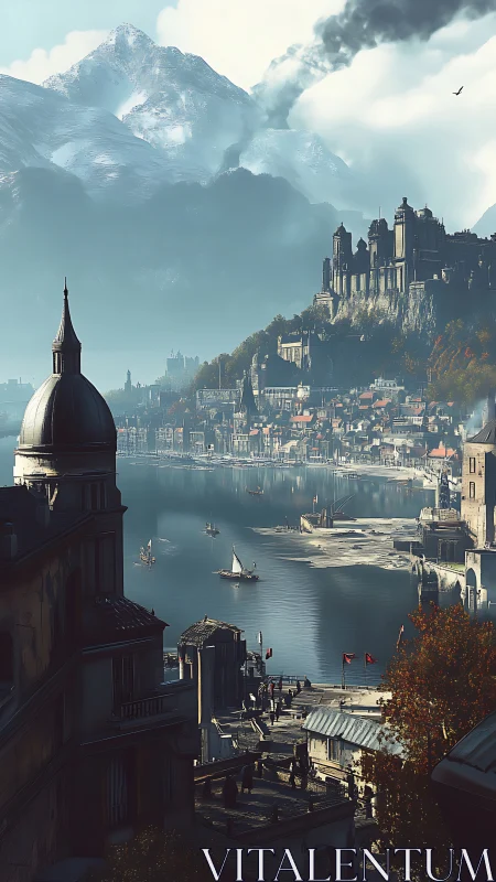 Mountain fortress overlooks misty harbor and clustered rooftops.