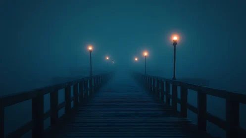 Midnight pier of blue fog and lonely ember lamps.
