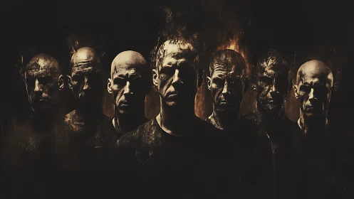 Seven shadowed men emerge from darkness in burning amber light