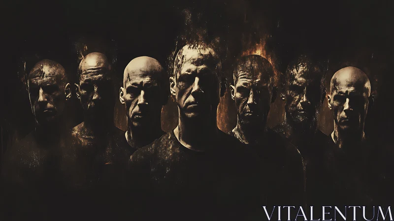 Seven shadowed men emerge from darkness in burning amber light