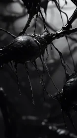 Dark viscous strands coat organic pod-like forms in shadow