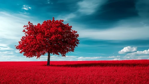 Crimson tree on scarlet field under cyan sky landscape.