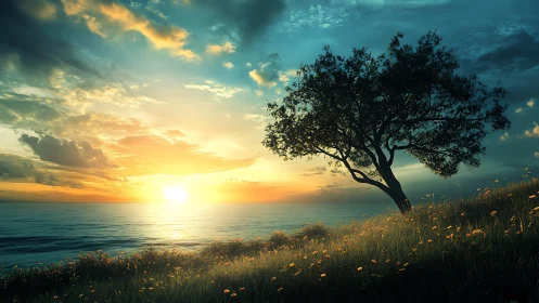 Solitary hillside tree greeting a luminous ocean sunset.