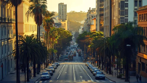 Sunlit palm-lined city avenue easing into the evening glow.