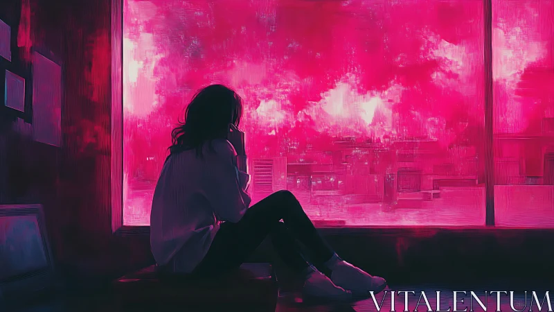 Neon window reverie with a lone silhouette in pink dusk.