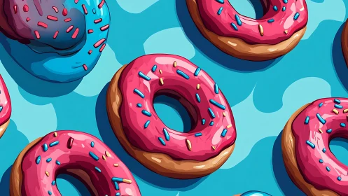 Vibrant pink glazed donuts on cyan graphic backdrop.