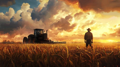 Digital painting of farmer and tractor in cinematic sunset field.