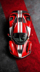 Sleek red supercar shining with bold racing stripes.