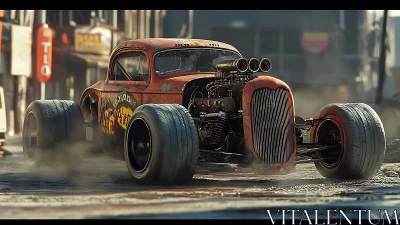 Rusty turbo rat rod tears through smoky urban backstreet.