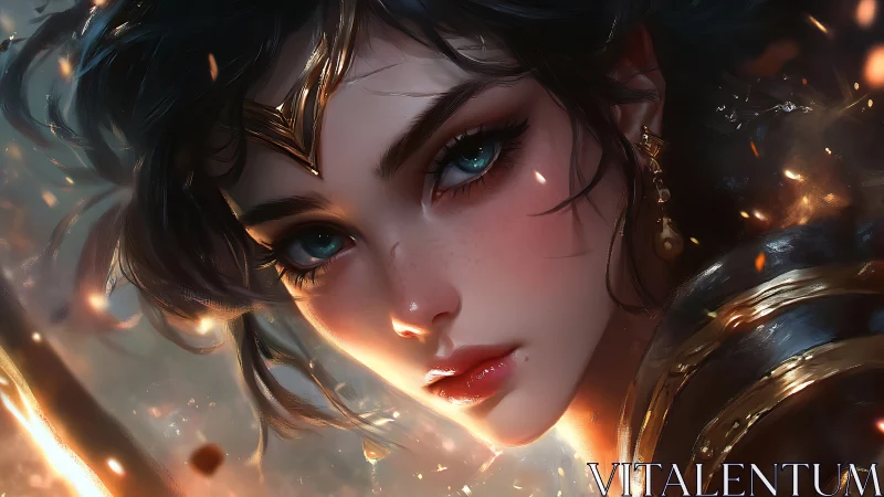Fierce fantasy warrior princess stares through drifting embers