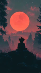 Silhouetted anime figure meditating under crimson supermoon