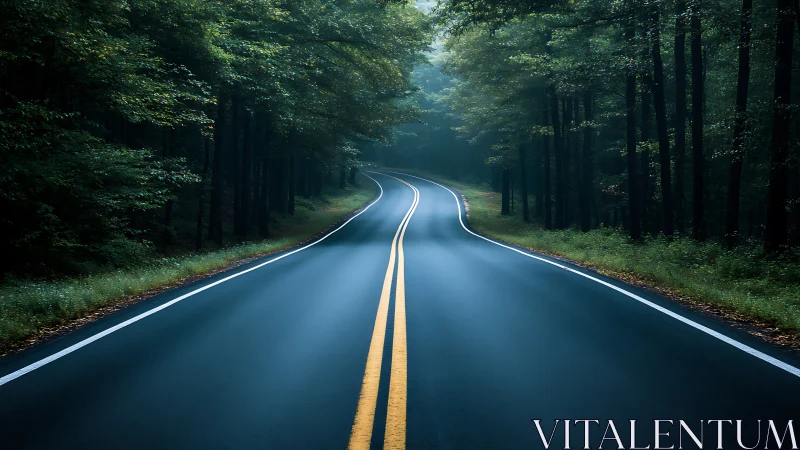 Curving forest highway rendered with deep atmospheric perspective