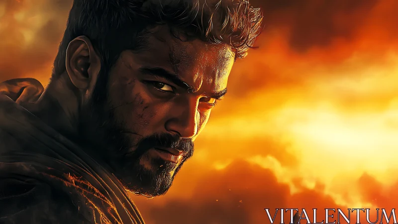 Scarred warrior turns toward a blazing apocalyptic sunset