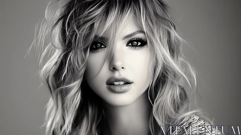 Monochrome close-up portrait of woman with wavy hair.
