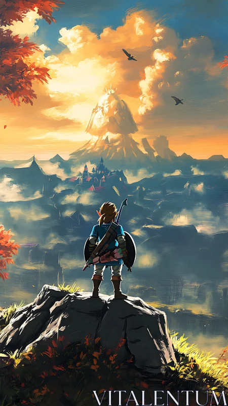 Digital painting of heroic figure surveying vast fantasy valley.