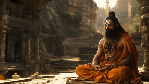 Bearded ascetic in orange robes seated in ancient stone temple.