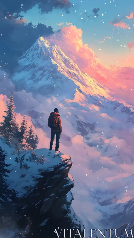 Solitary climber greeting a blaze-lit winter summit sky.