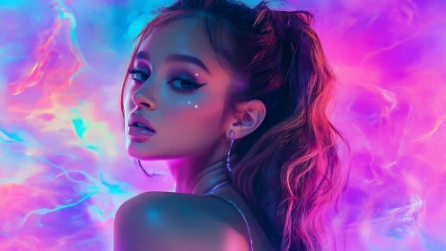 Dreamy neon portrait glows with soft cosmic color light