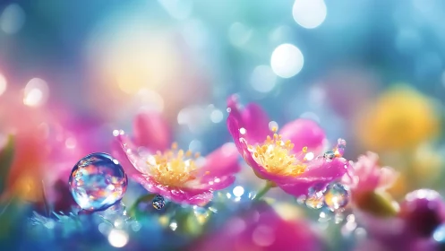 Dew Drops on Pink Flowers with Bokeh Light Background