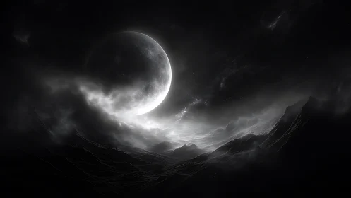 Crescent moon is rendered above luminous mist and ridges