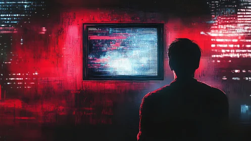 Silhouette leans into the glitchlit window of a neon hush