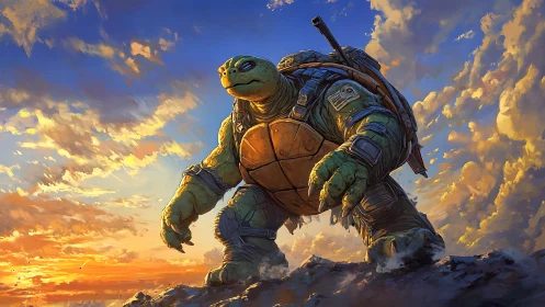 Armored mutant turtle warrior under dynamic sunset sky