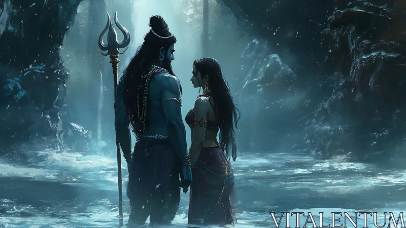 Divine couple stand united beneath a mystical waterfall.
