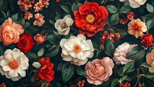Floral composition with roses, peonies, and dahlias against dark background