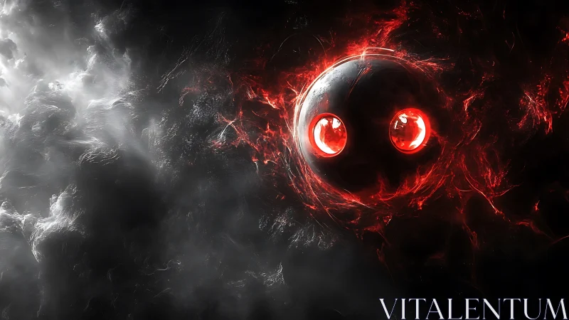 Glowing red orb gazes out from swirling cosmic shadow
