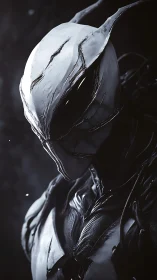 Armored shadow wraith in cracked porcelain helm stance.