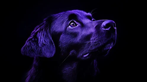Neon purple dog portrait glows against deep black background.