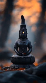 Serene black deity statue under warm bokeh sky glow.