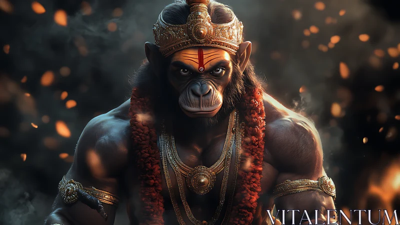 Divine simian warrior emerges from embers with molten calm