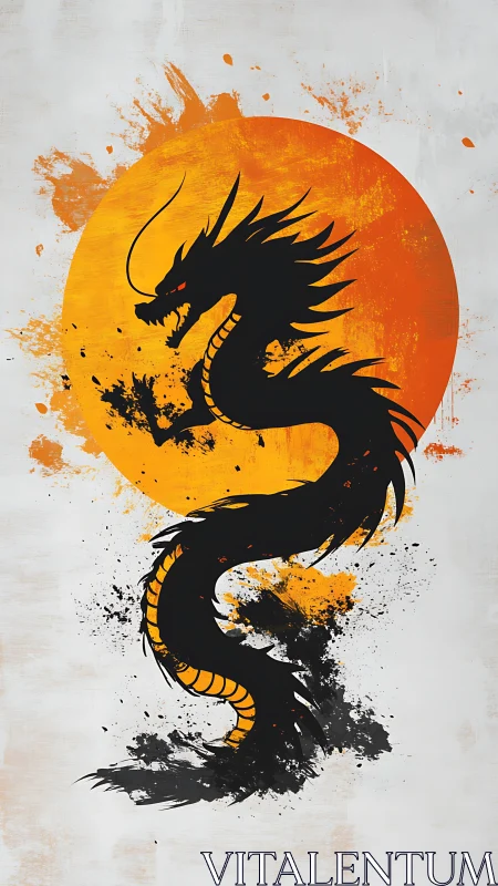 Ink-splatter silhouette of coiling oriental dragon before sun